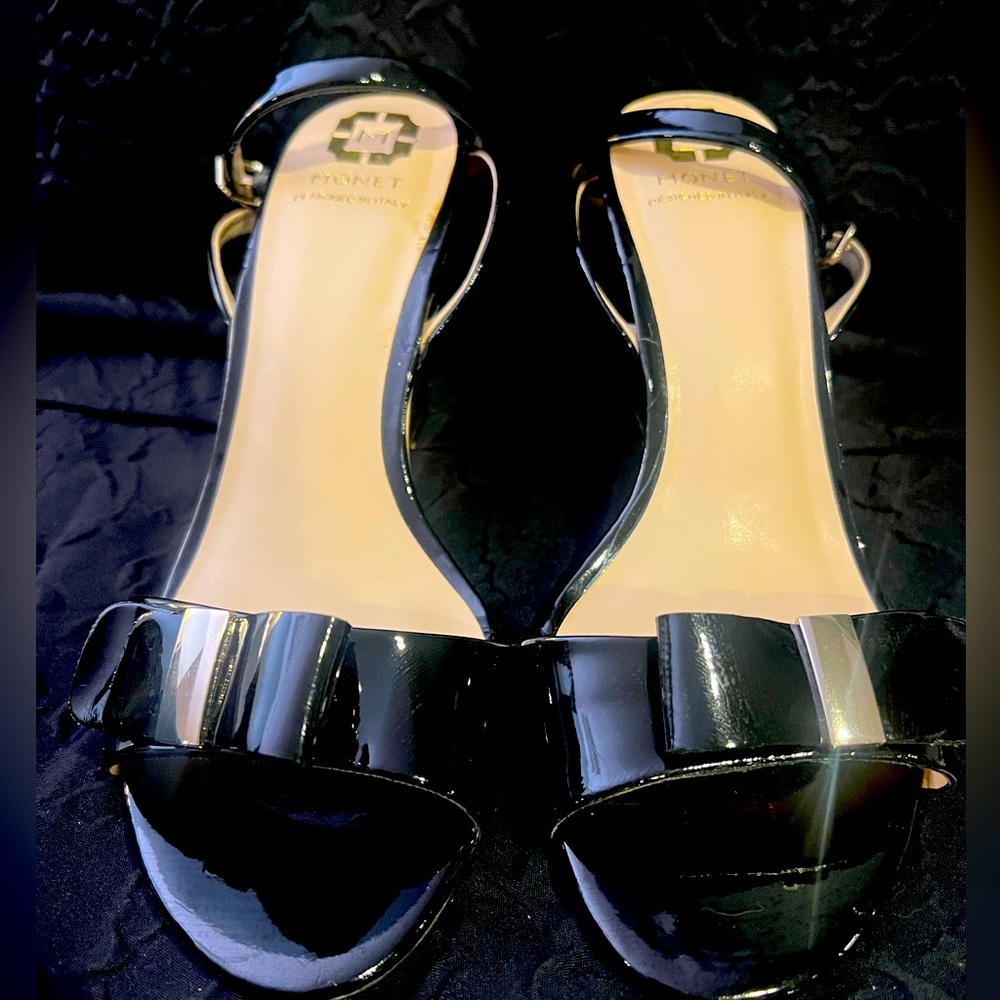 Monet Black & Gold Patent Leather Wedge